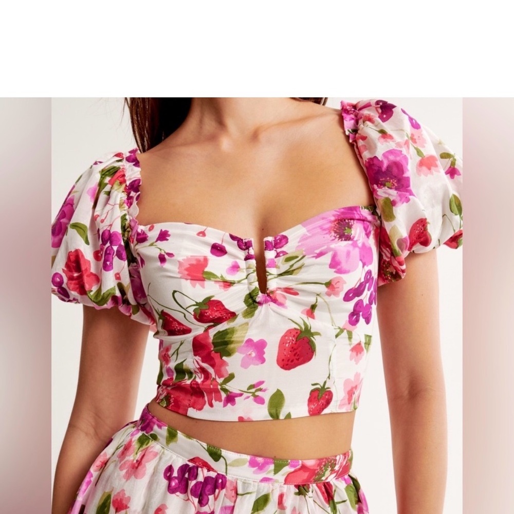 Abercrombie & Fitch White Crop Top with Pink & Red Floral Strawberry Print